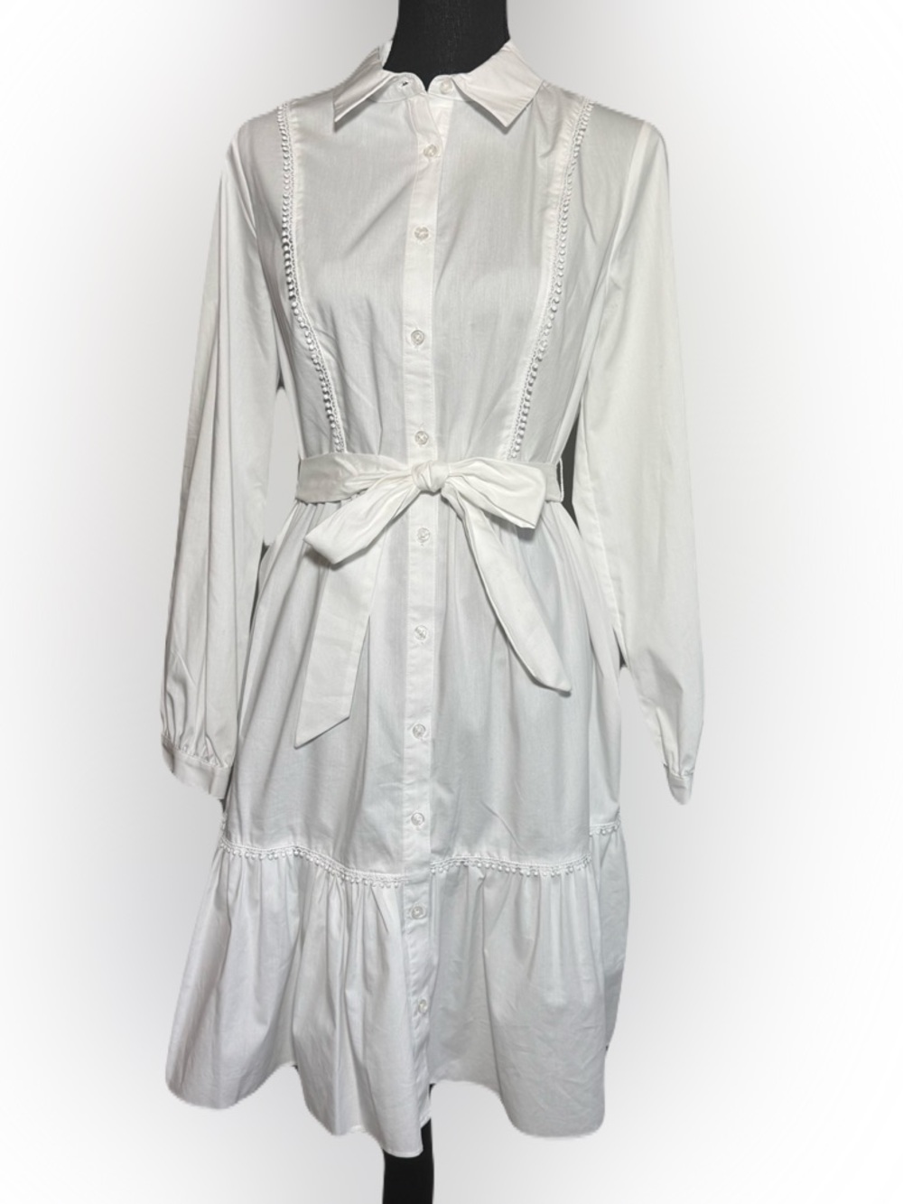 Nanette Lepore White Long-Sleeve Button-Front Tie-Waist Shirt Dress